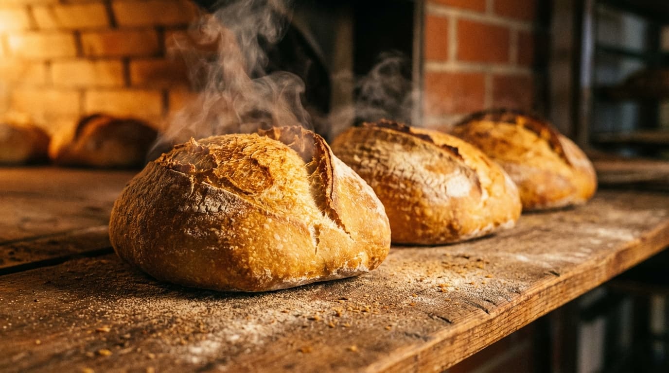 Fresh bread loaves from the oven