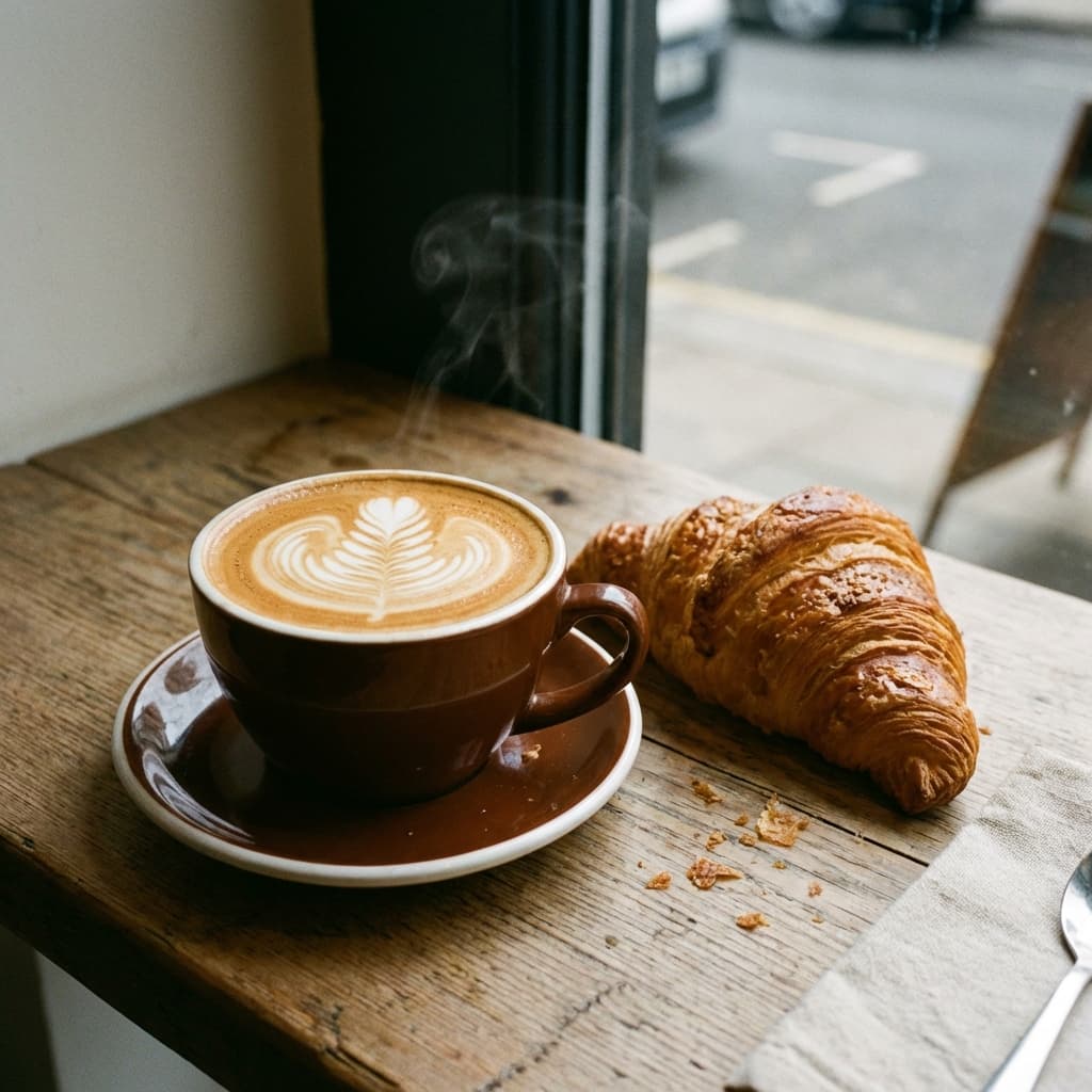 Cappuccino with latte art and croissant