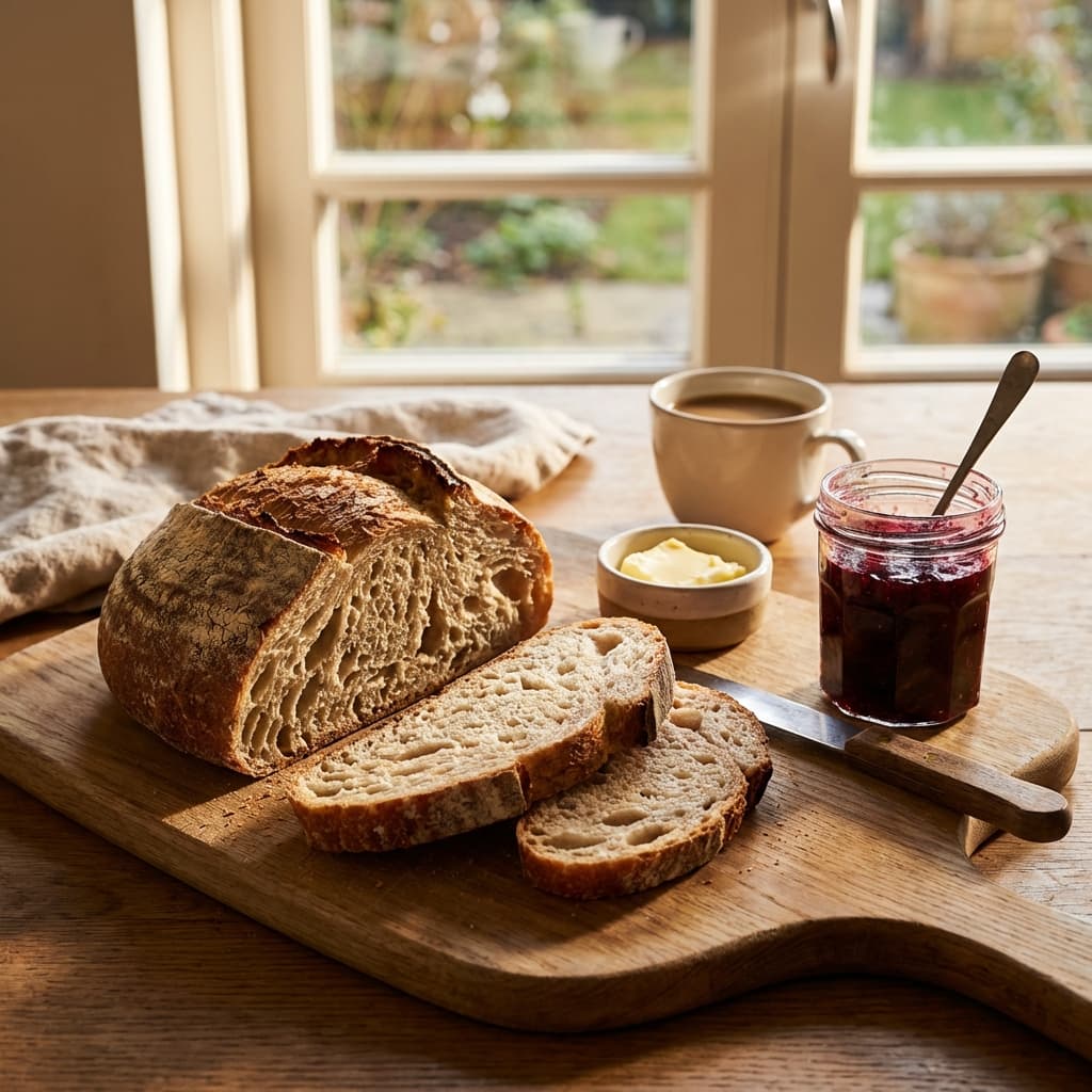 Sliced sourdough with butter and jam