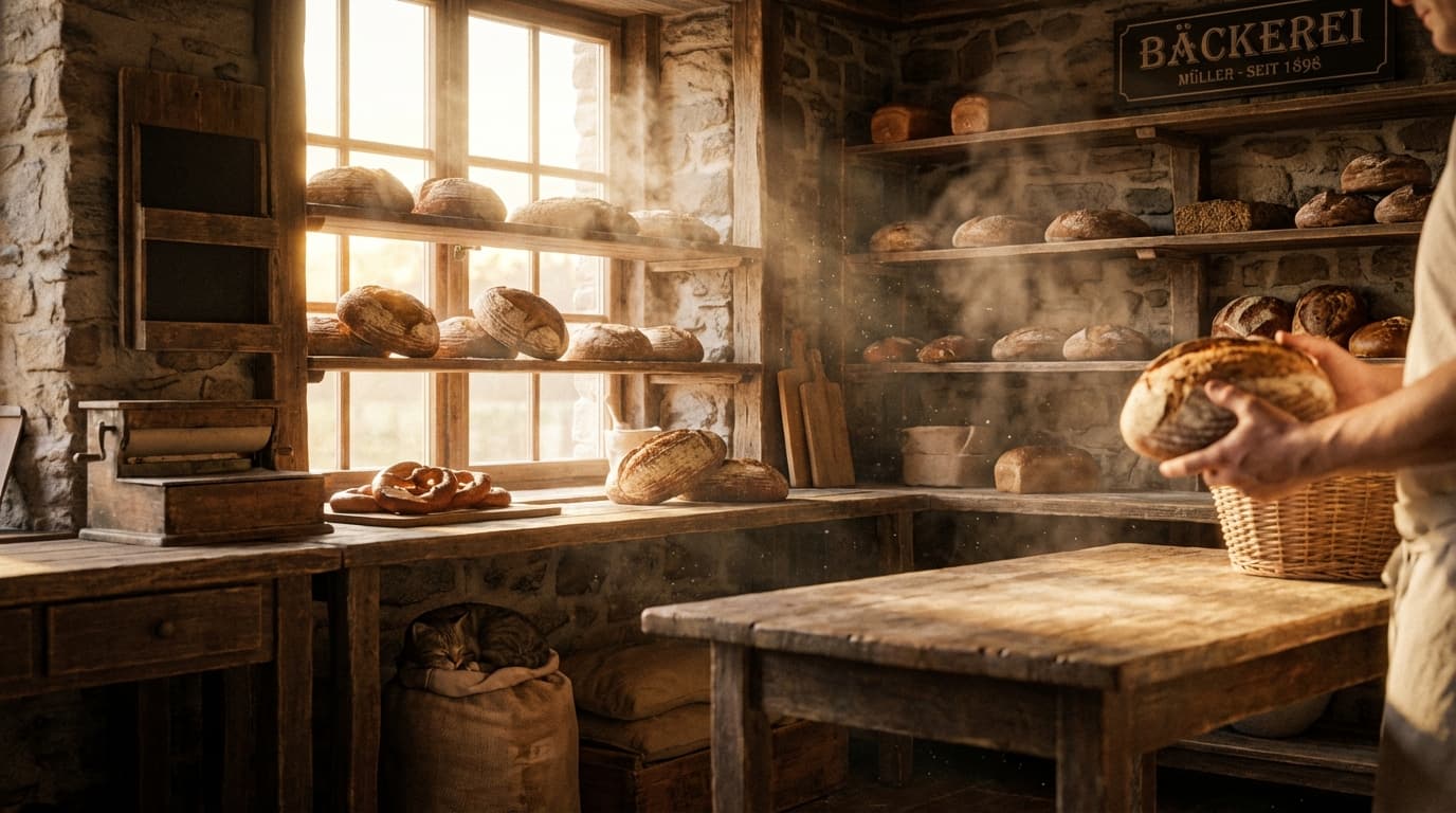 Warm artisan bakery interior with fresh bread